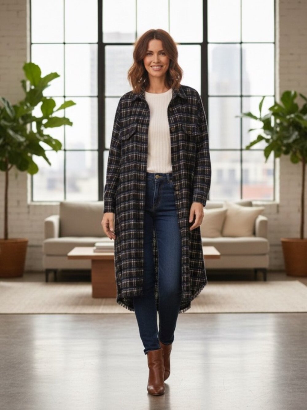 Priv Navy Boucle Tweed Long Shacket Shirt Jacket Size M